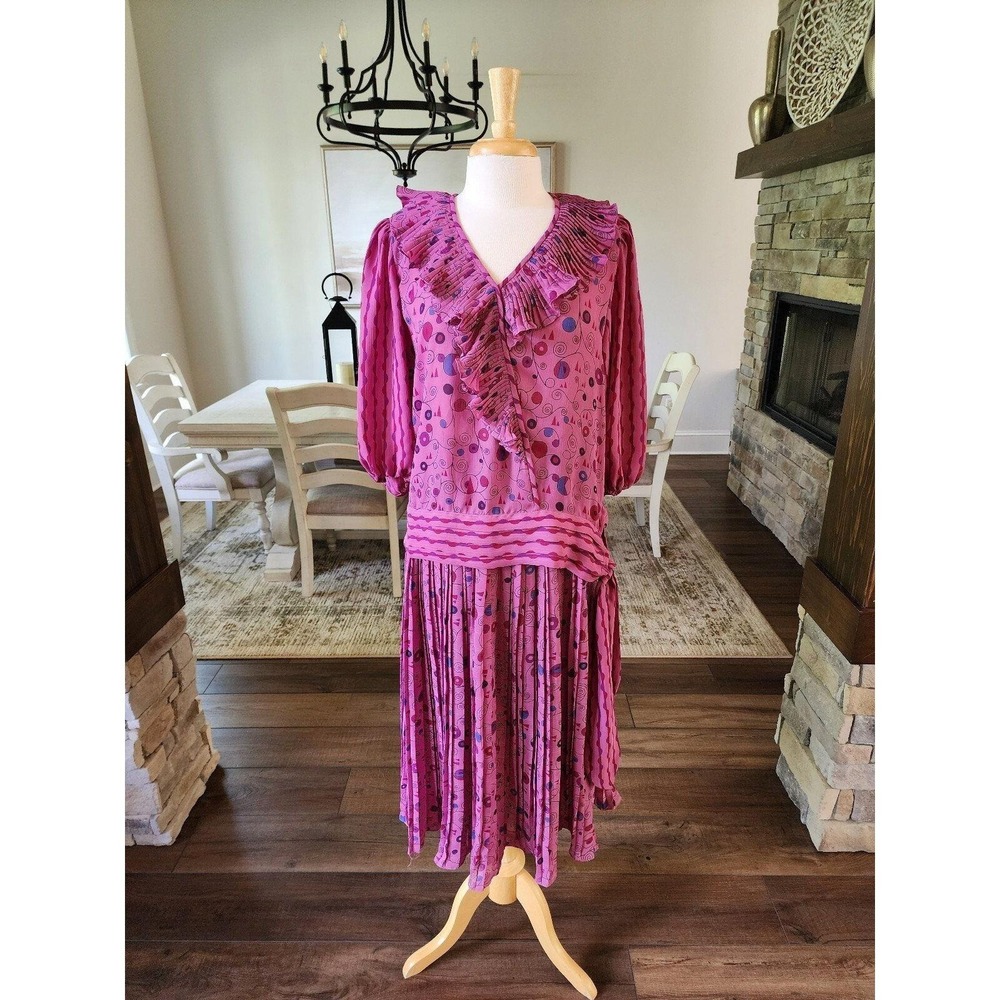 Vintage 80s Judi Michael 2 piece pleated skirt set Flapper‎ Mixed Print Ruffle